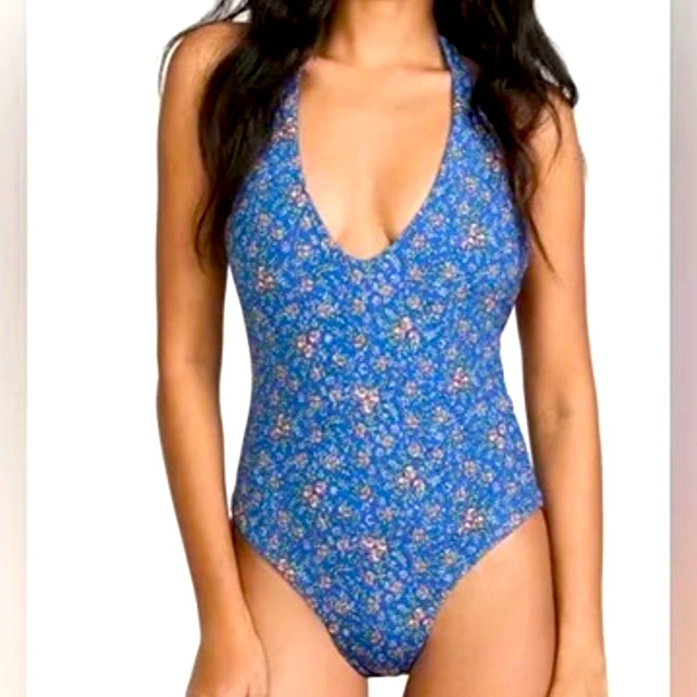 Veronica Beard Salis Nottingham Blue  Plunge One-Piece Swimsuit sz M worn once
